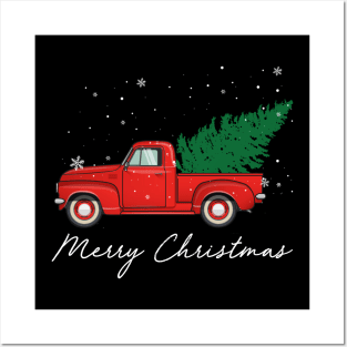 Merry Christmas Retro Vintage Red Truck Posters and Art